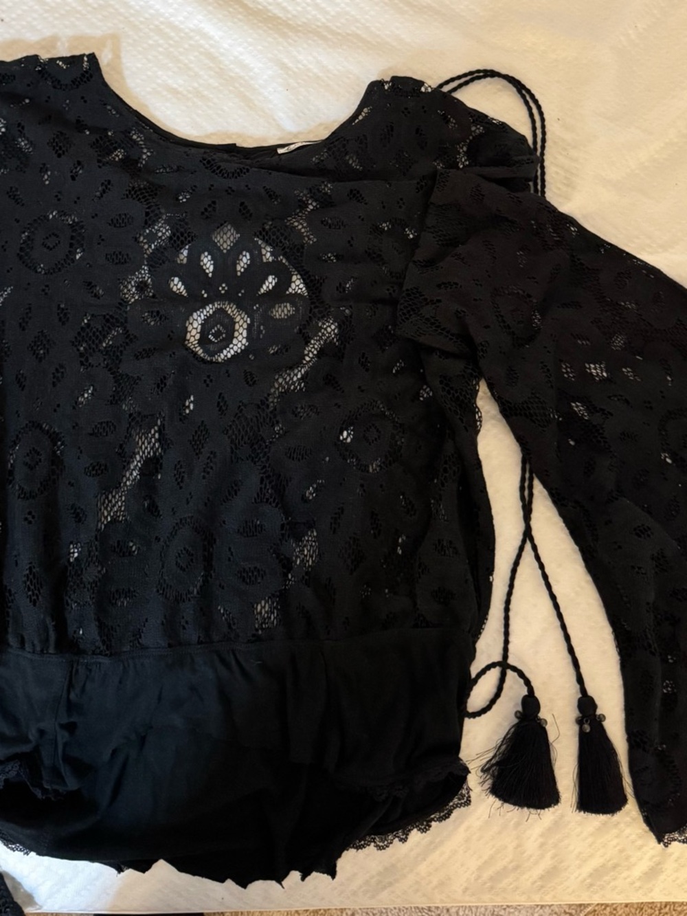 Free People Black Lace Top with Delicate Floral Pattern and bell sleeves